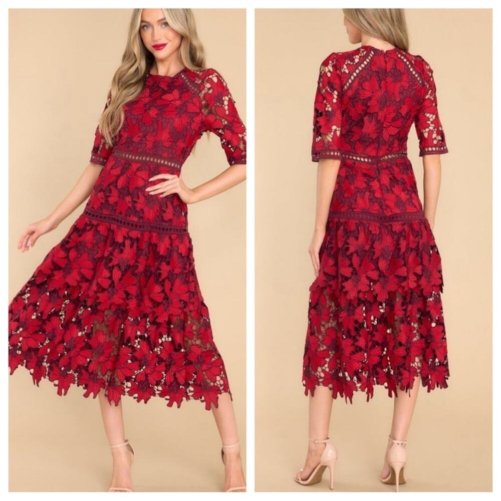 Just ME Womens Get To The Point Red Lace Midi Dress Embroidered Crocheted Floral